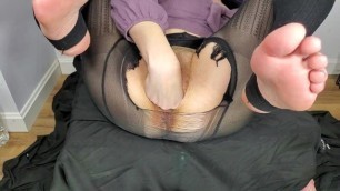 Stuffing my Loose Pussy in Ripped Open Panty Hose with Feet in the Air