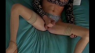 Crossdresser with big fake boobs teasing on the bed in lingerie and high heels part 2! homemade